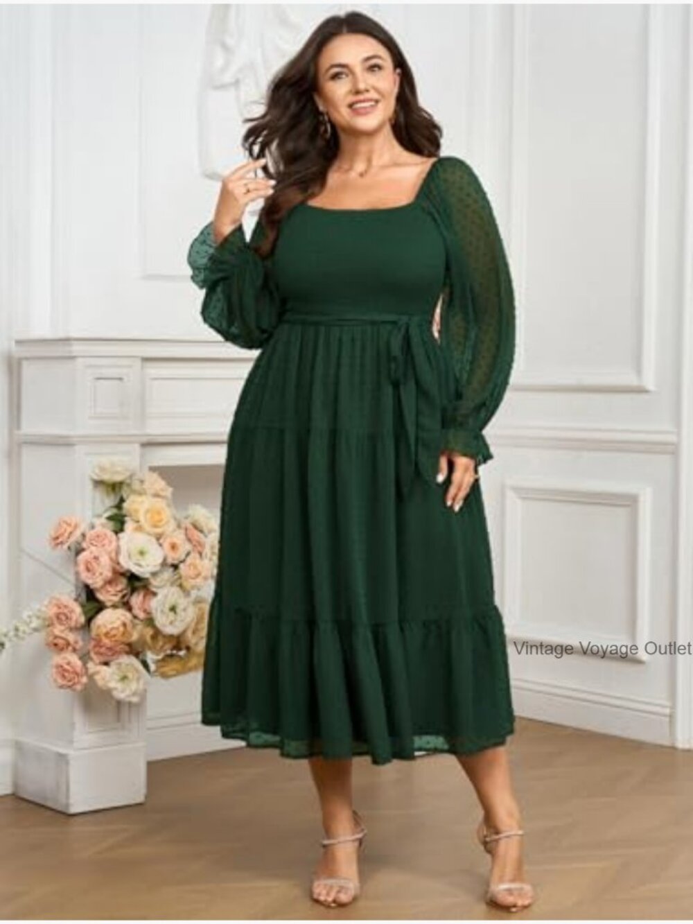 Women's Plus Size Long Sleeve Square Neck Chiffon Smocked A Line Ruffle - Picture 5 of 7
